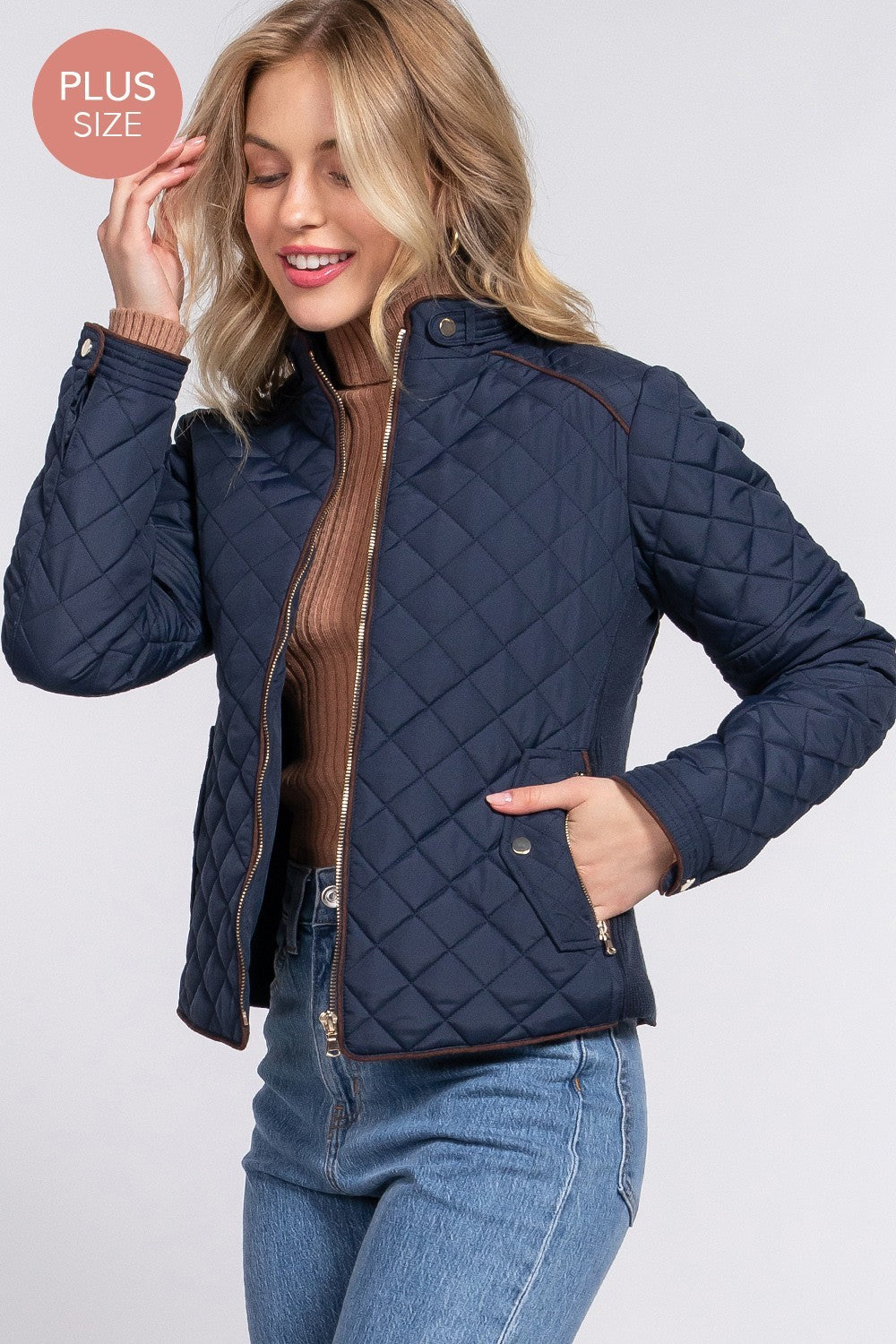 Suede Piping Detail Rib Quilted Padding Jacket