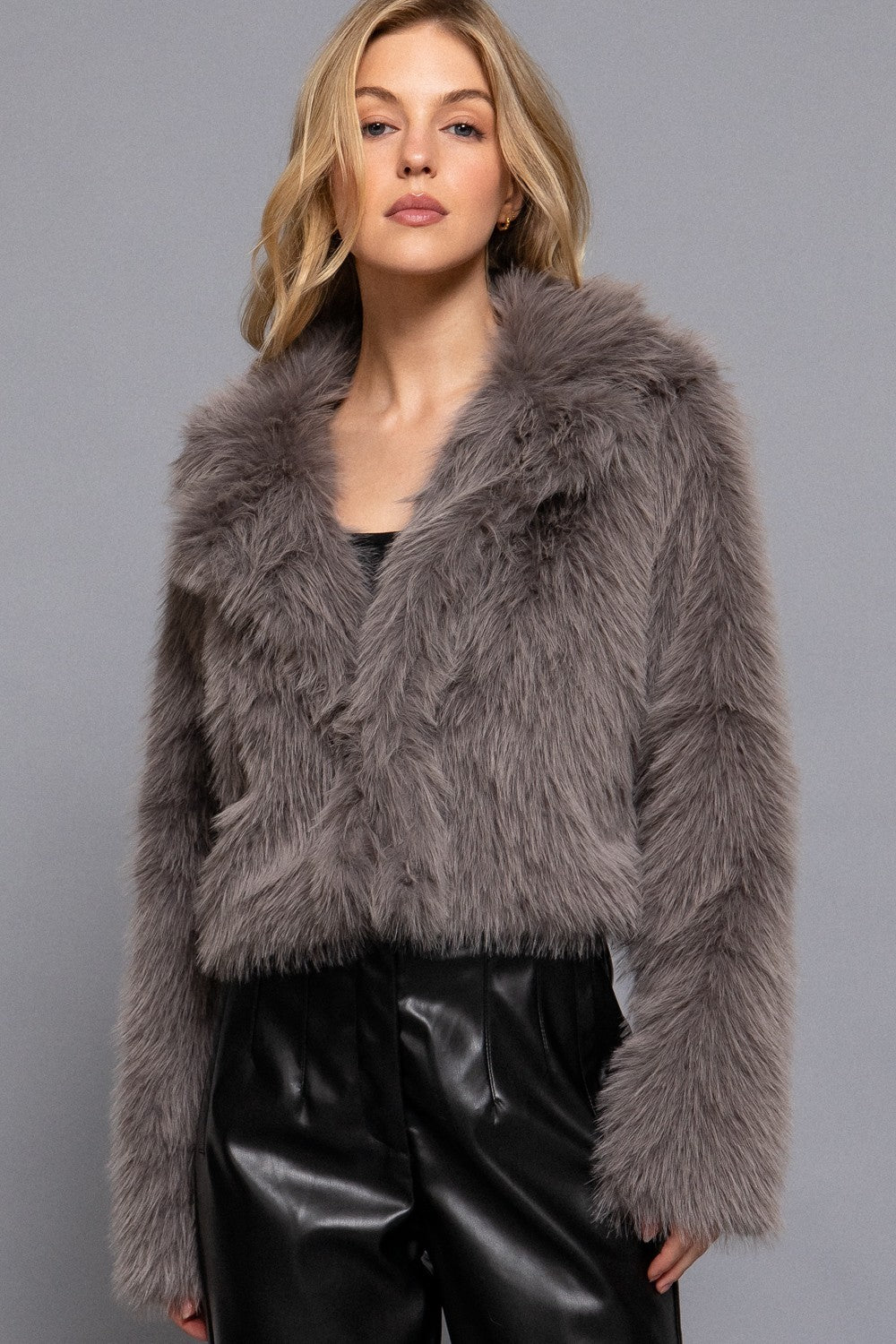 Long Slv Notched Collar Faux Fur Crop Jacket