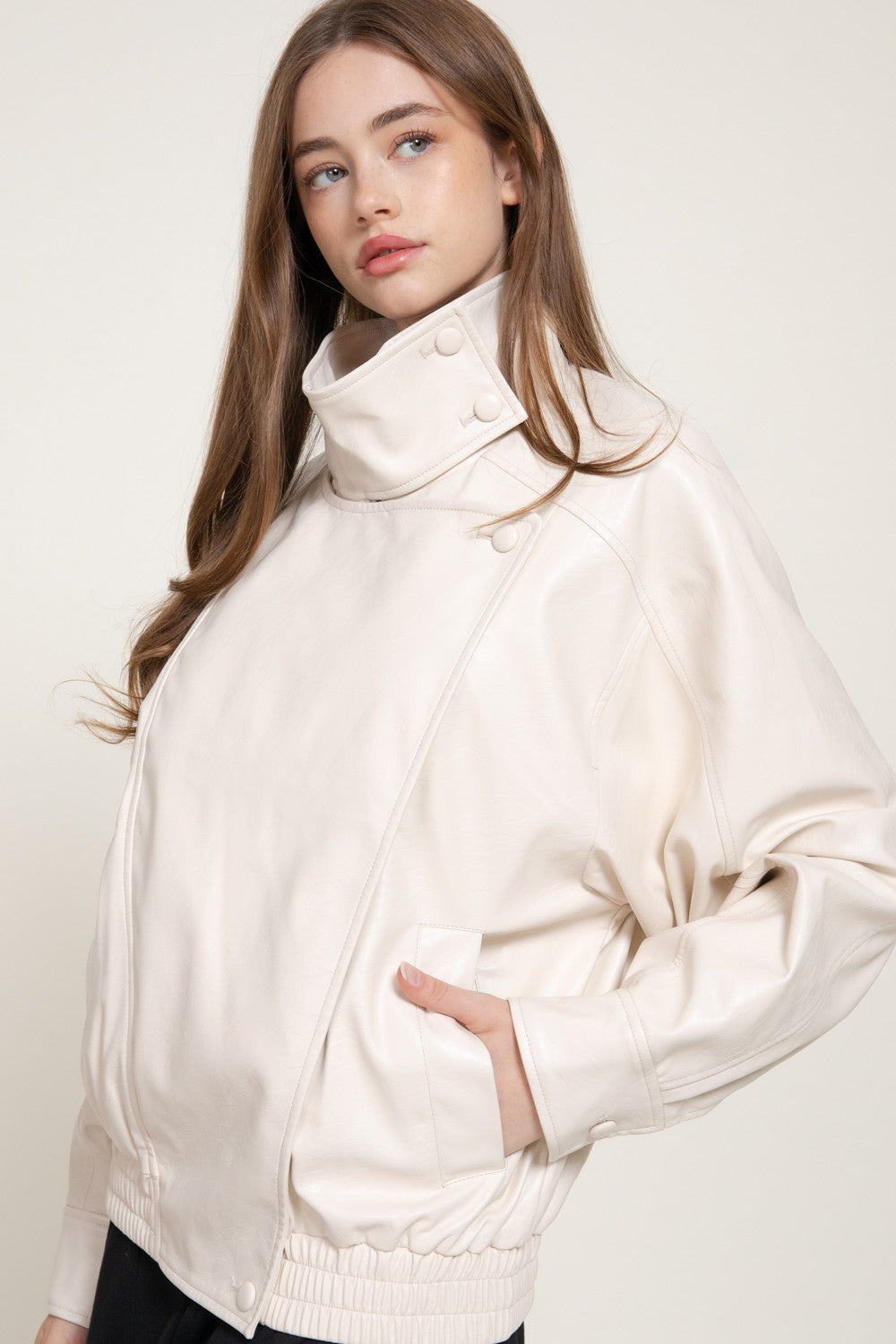 High Collar Faux Leather Jacket