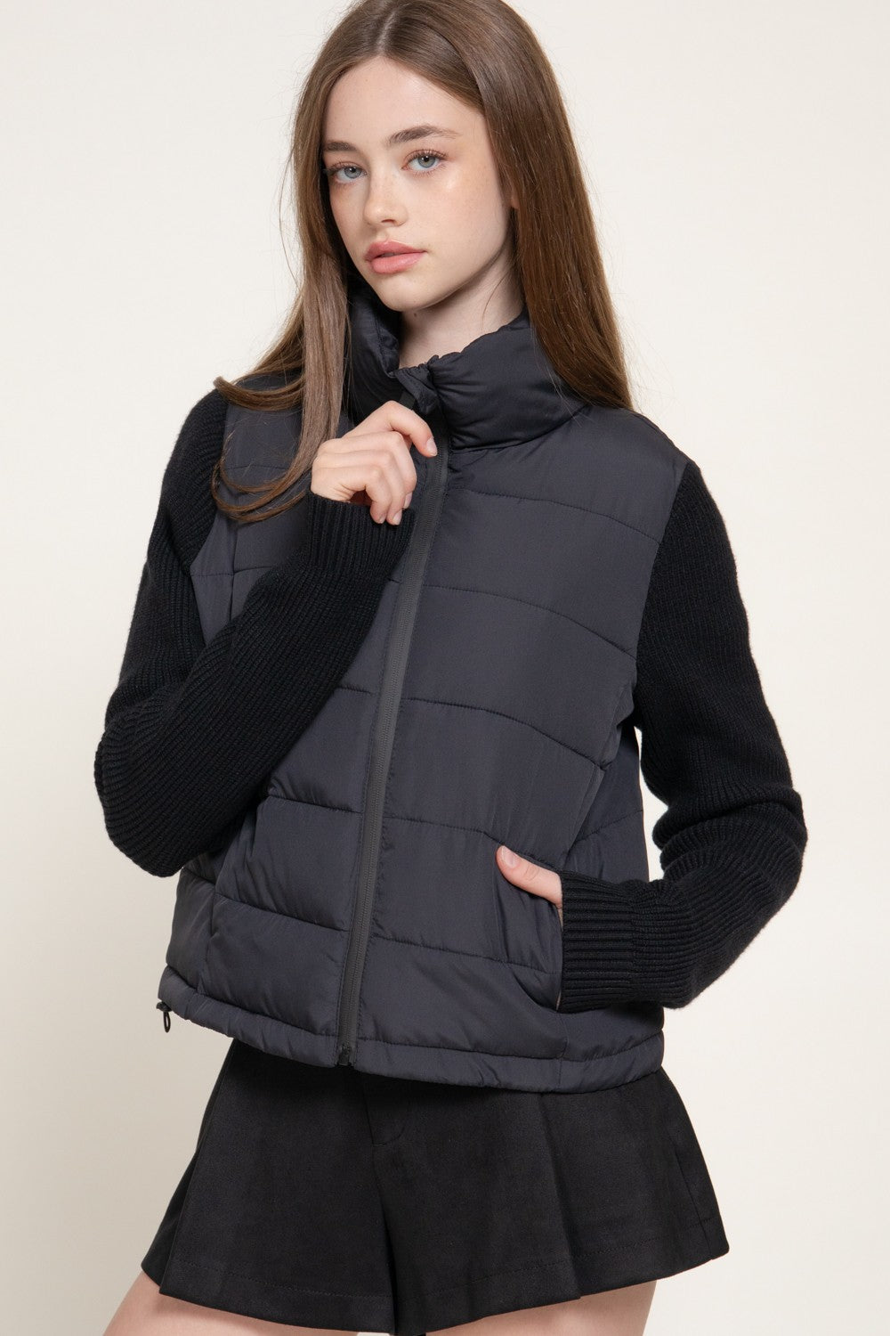 Knit Sleeve High Neck Puffer Jacket