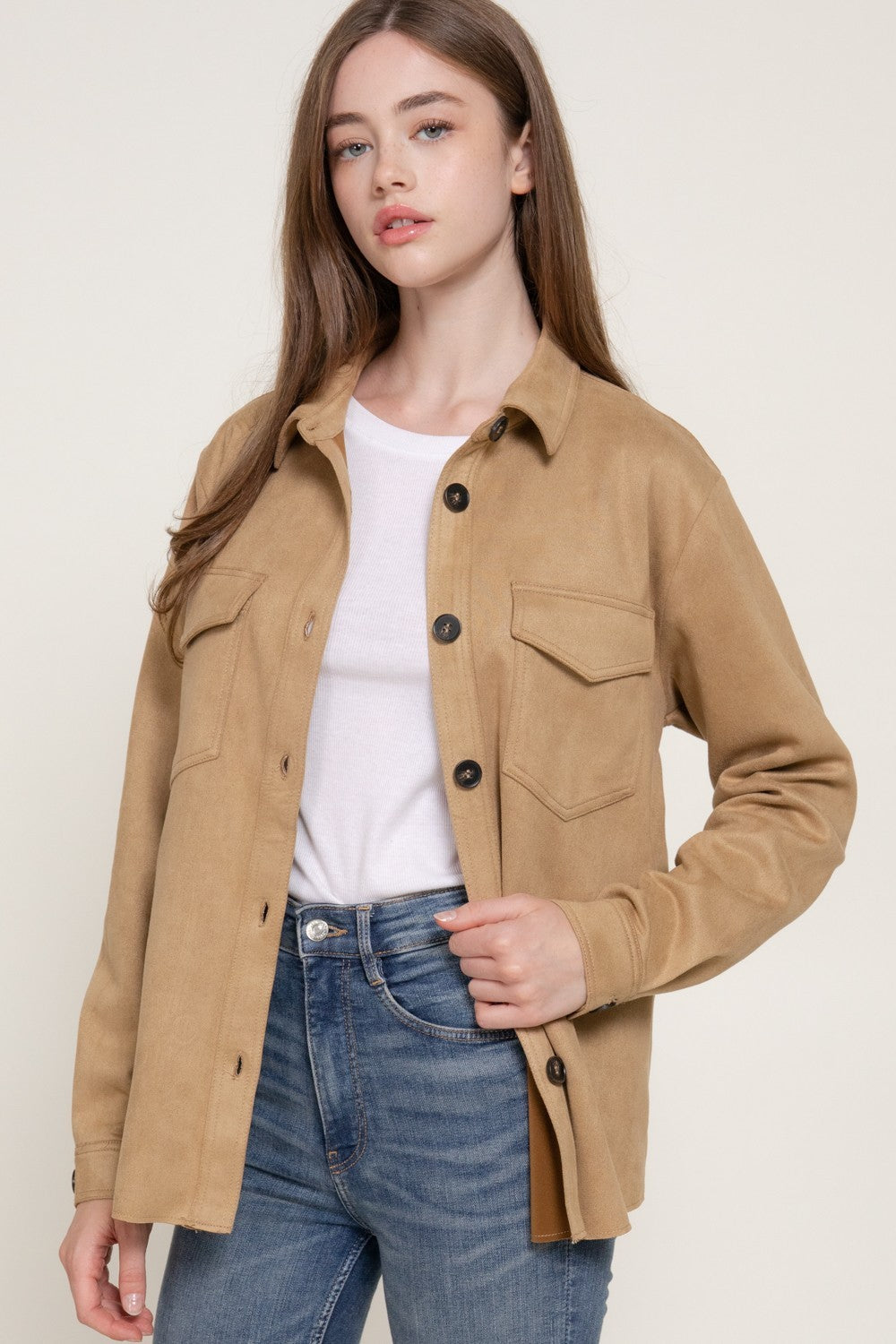 Long Sleeve Loose Fit Faux Suede Shacket