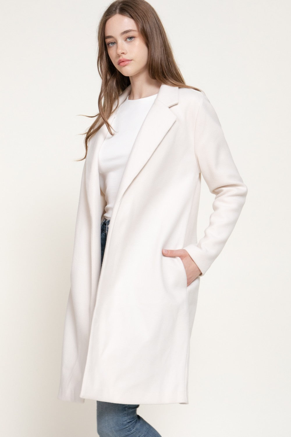 Long Slv Notched Collar Open Front Long Coat