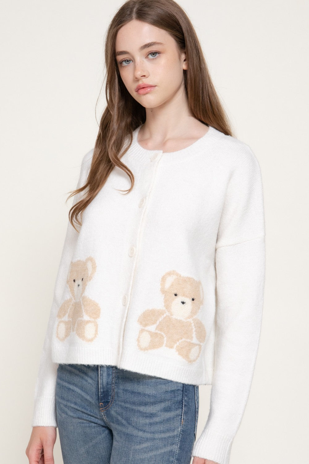Long Slv Jacquard Bear Sweater Cardigan