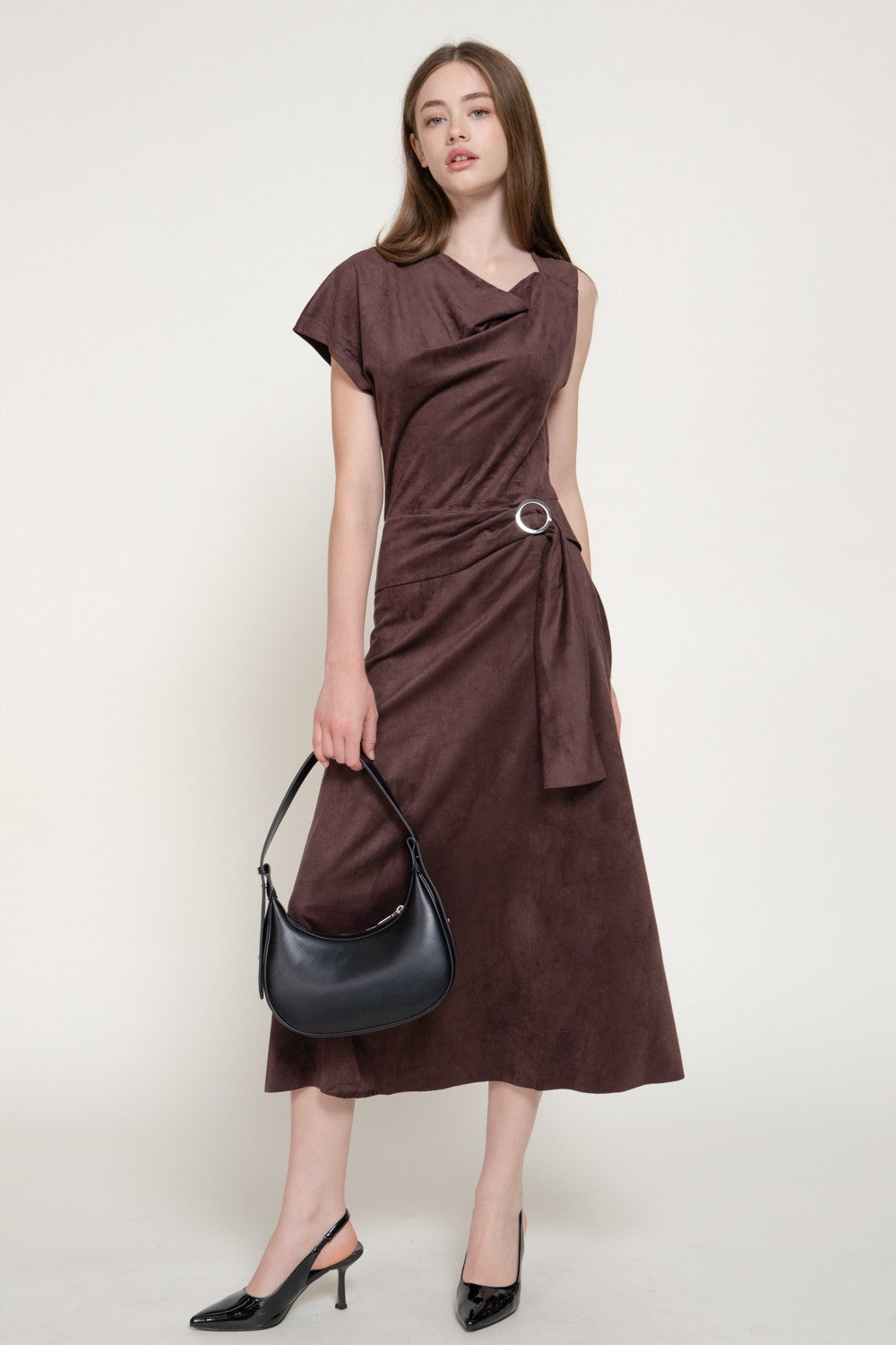 Asymmetrical Slv Belt Faux Suede Long Dress