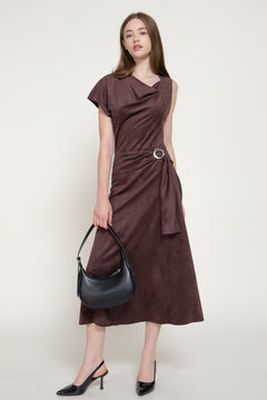 Asymmetrical Slv Belt Faux Suede Long Dress