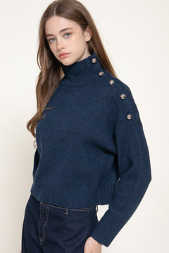 Long Slv High Neck Metal Buttoned Sweater