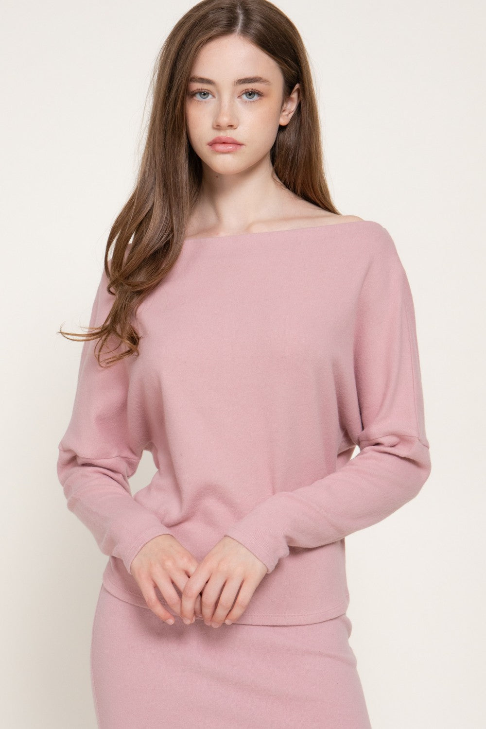 Long Dolman Slv Wide Boat Neck Brushed Knit Top