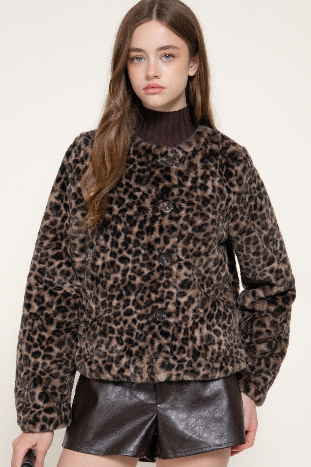Long Slv Printed Faux Fur Jacket