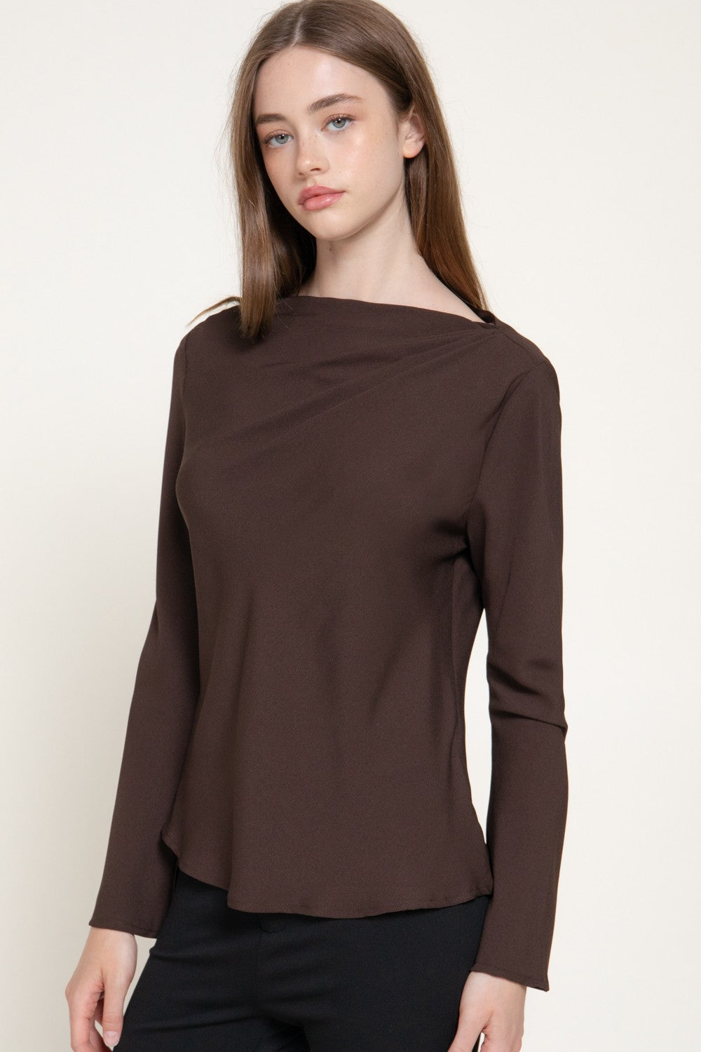 Long Sleeve Draped Boat Neck Blouse