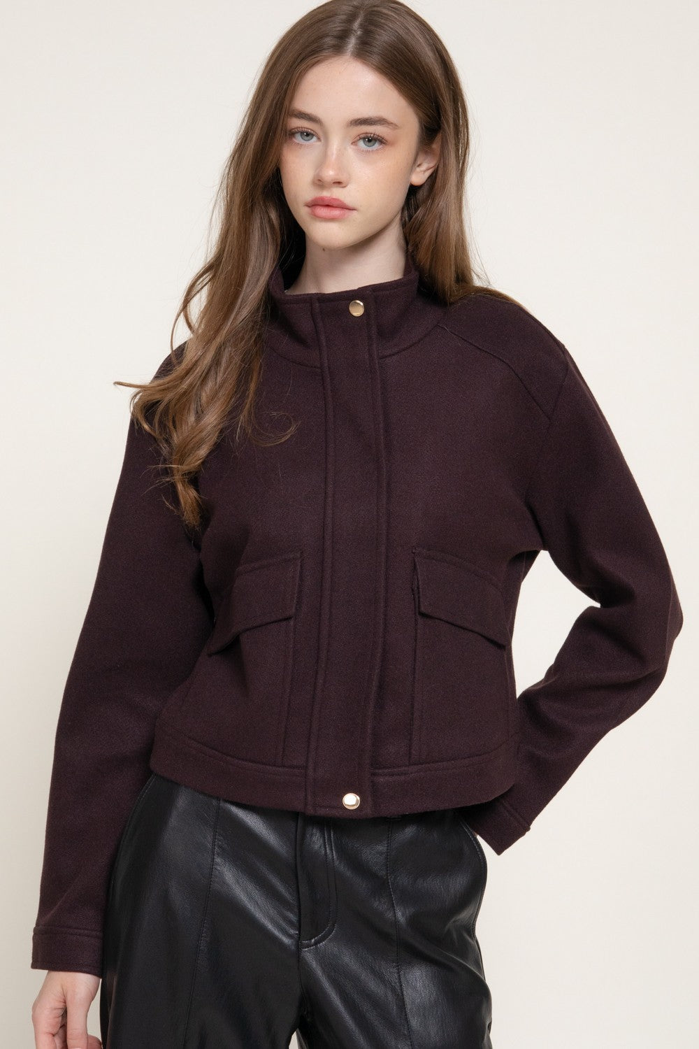 Long Slv High Neck Collar Felt Jacket
