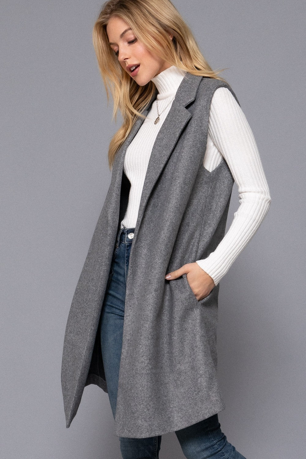 Sleeveless Notched Collar Soft Open Vest