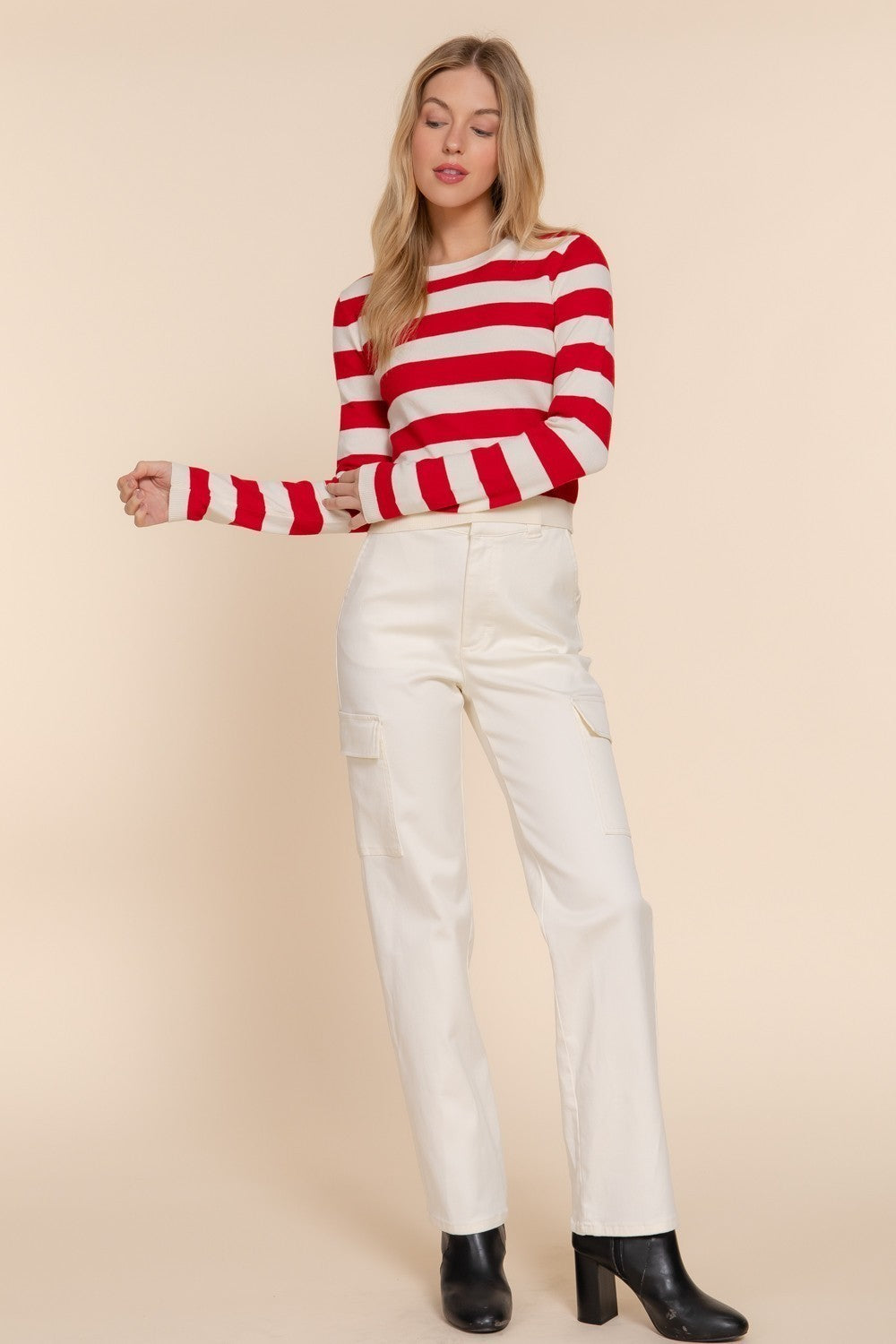 Long Slv Crew Neck Stripe Fitted Sweater