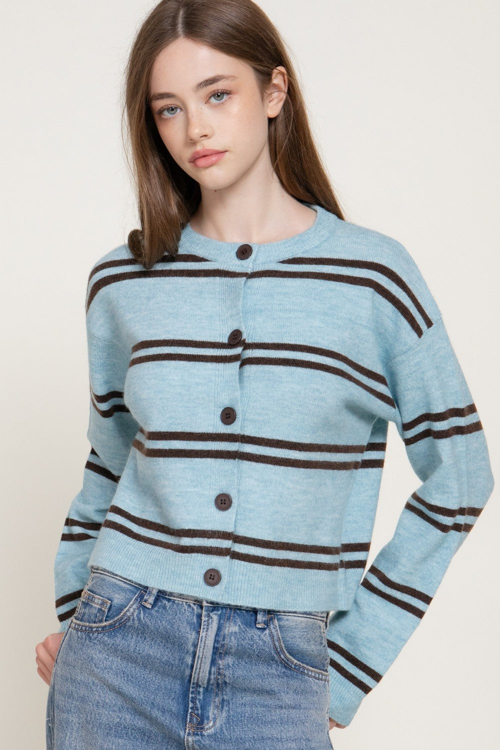 Long Slv Striped Sweater Cardigan