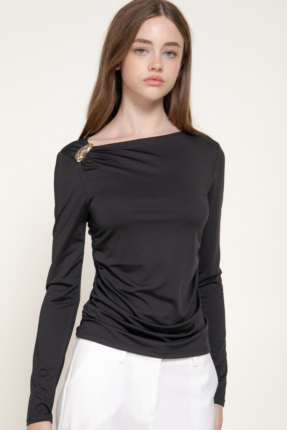 Long Sleeve Asymmetric Neck Knit Top