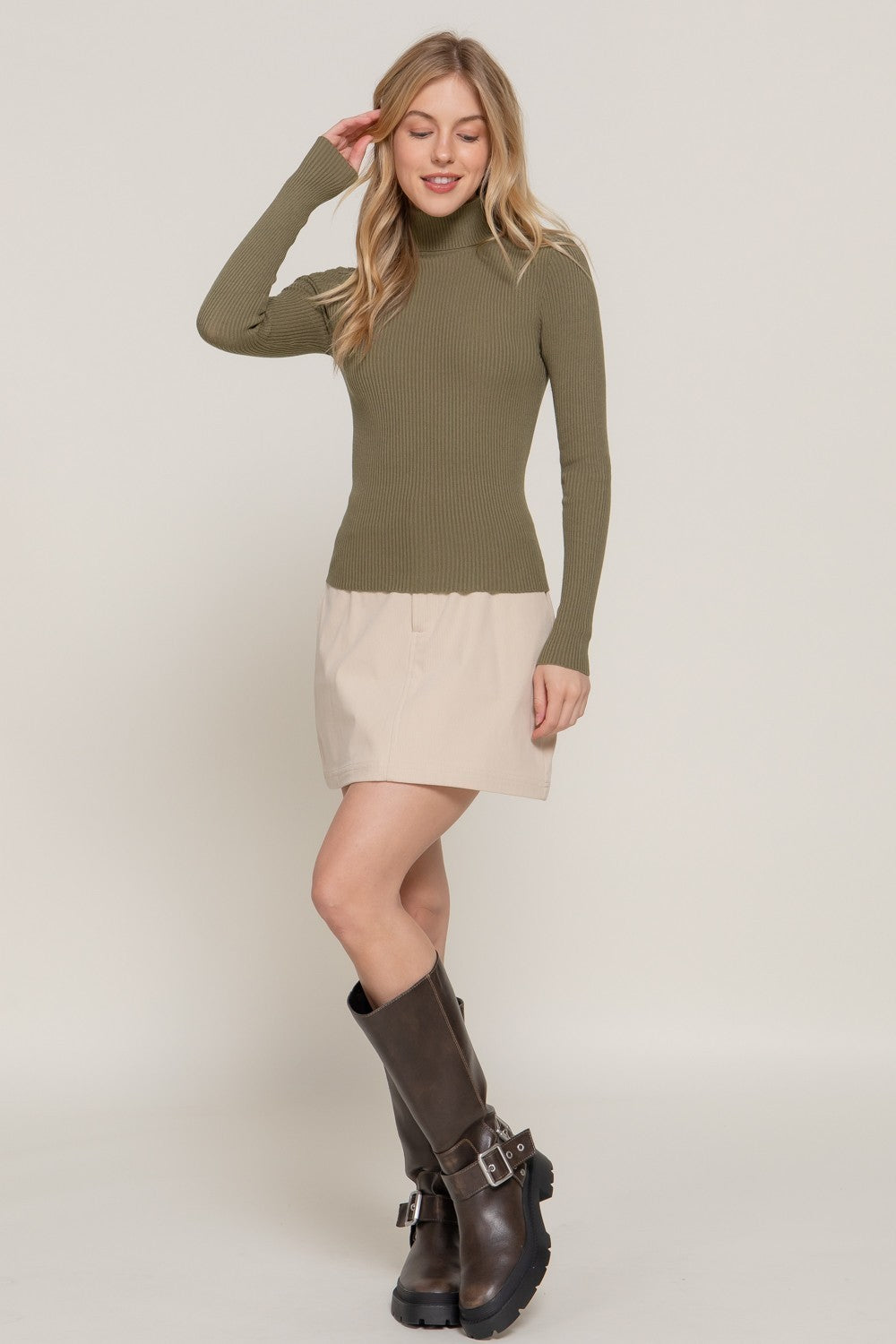 Turtle Neck Fitted Viscose Rib Sweater Top