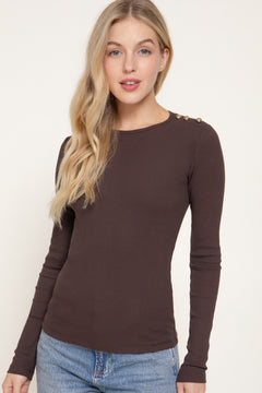 Long Sleeve Shoulder Buttoned Ribbed Knit Top