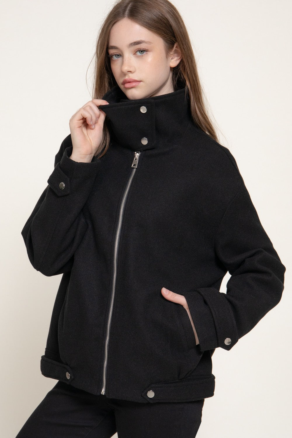 Long Sleeve High Neck Felt Bomber Jacket