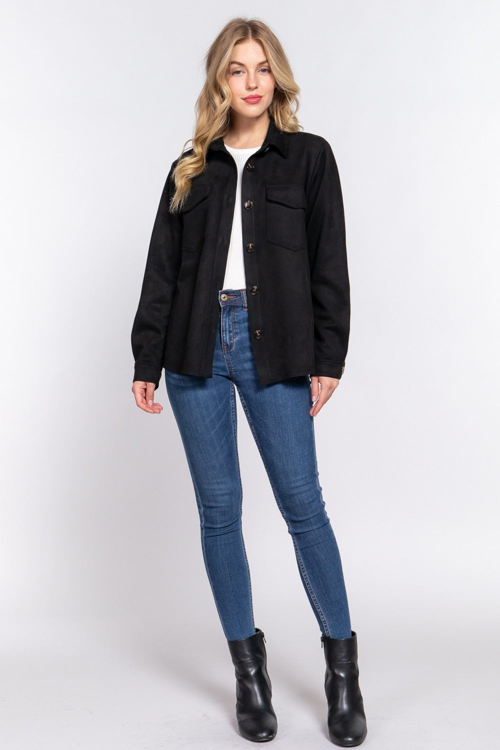 Long Sleeve Loose Fit Faux Suede Shacket