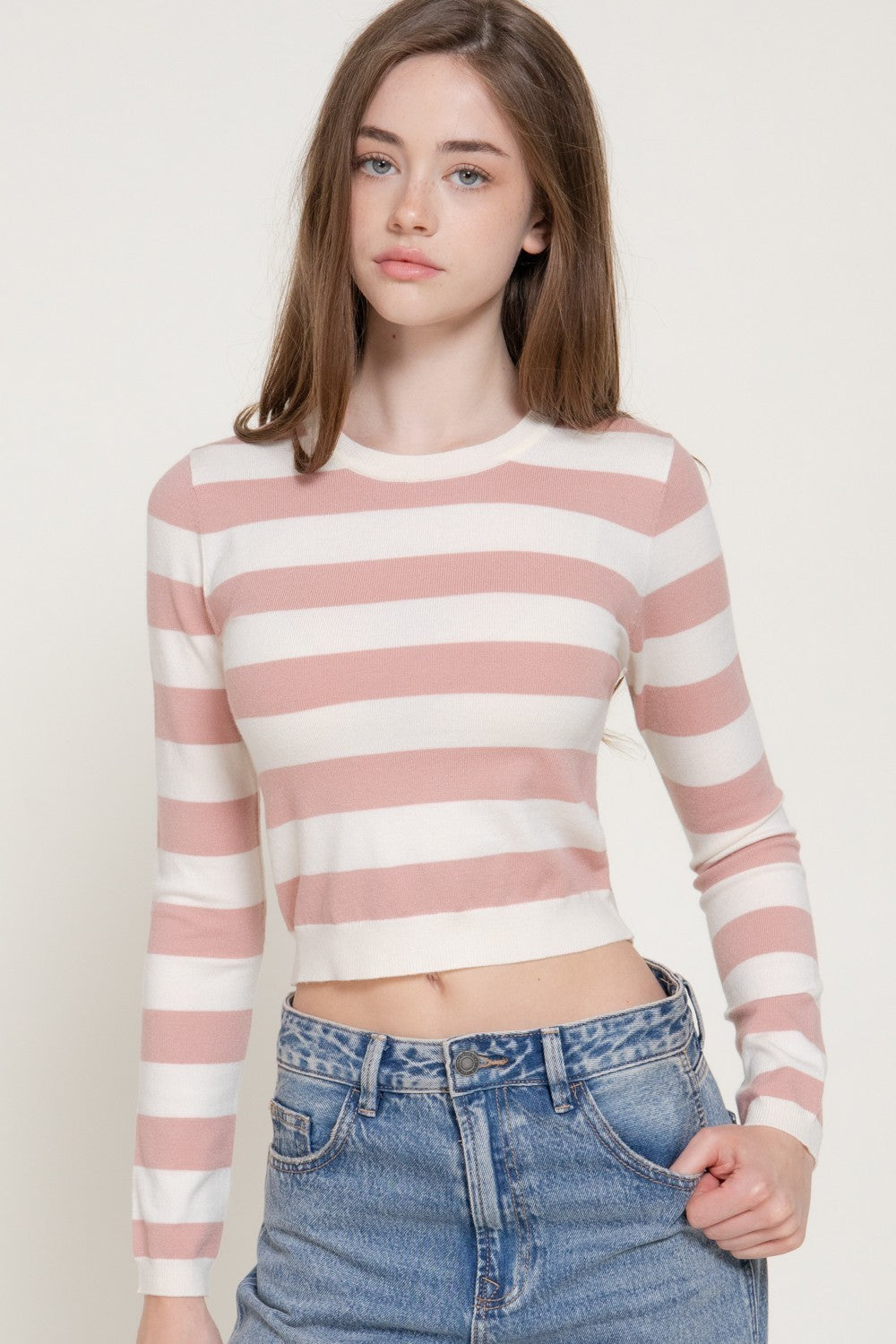 Long Slv Crew Neck Stripe Fitted Sweater