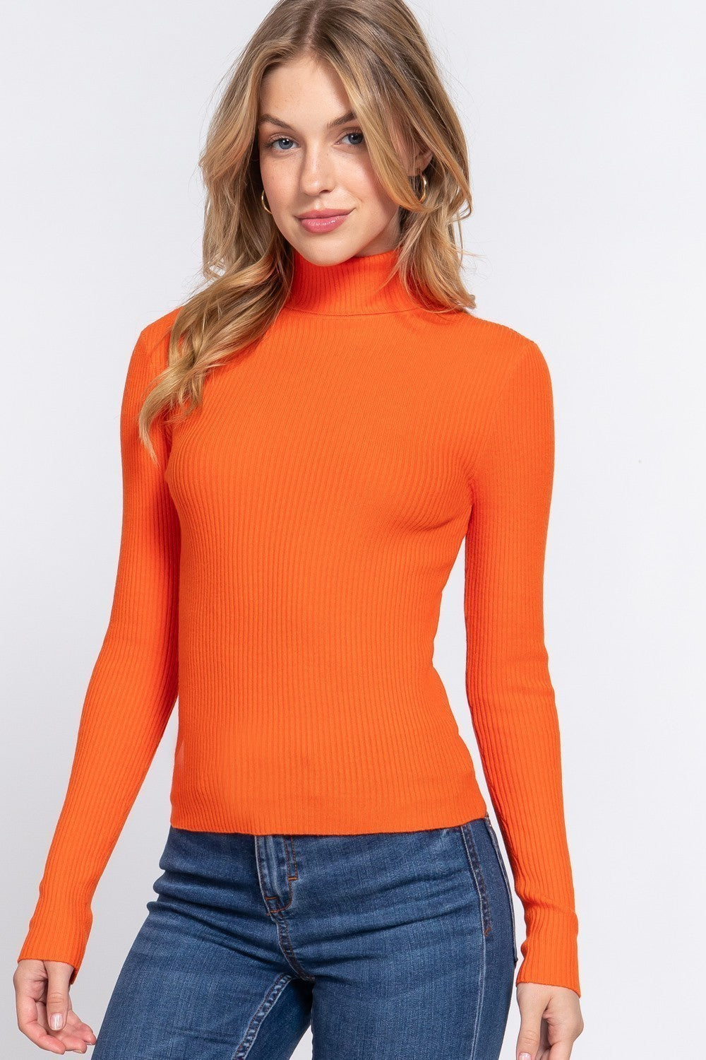 Turtle Neck Fitted Viscose Rib Sweater Top