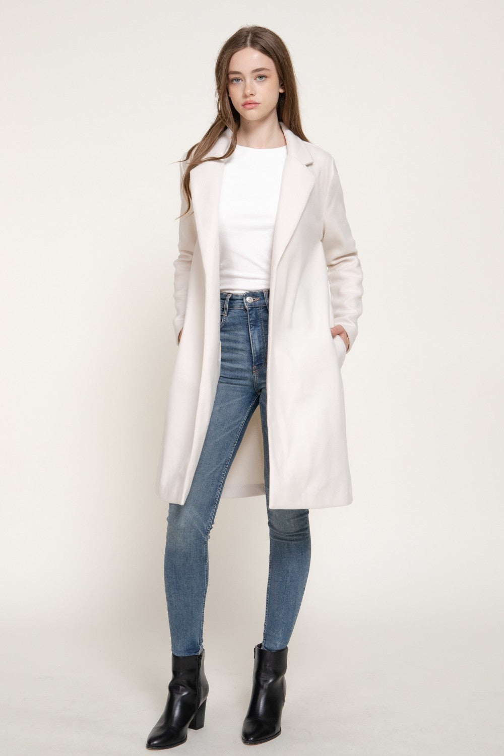 Long Slv Notched Collar Open Front Long Coat