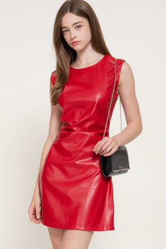 Sleeveless Ruched Faux Leather Mini Dress
