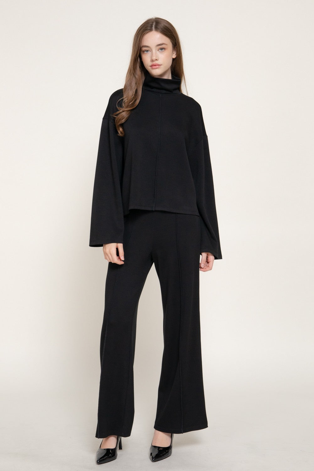Long Slv Mock Neck Top & Straight Long Pants Set