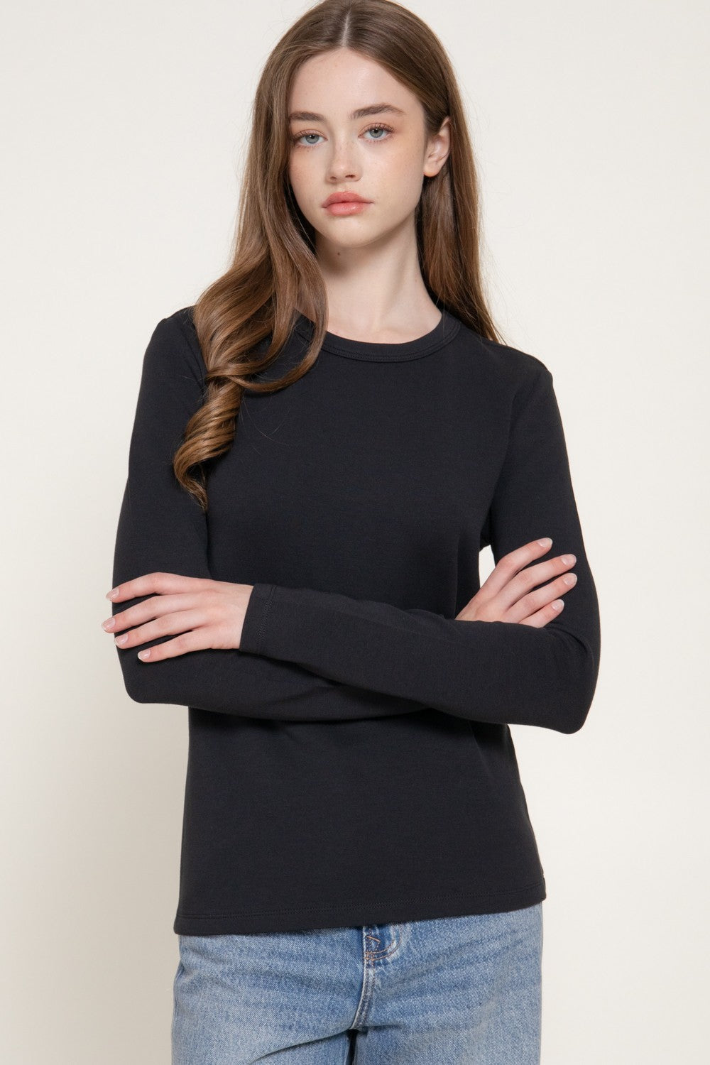 Long Slv Crew Neck Cotton Scuba Knit Top