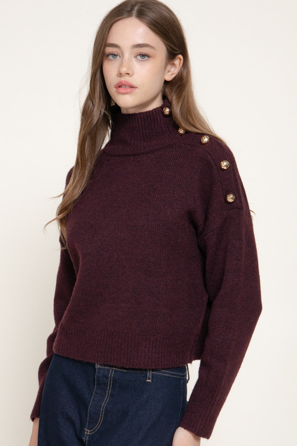 Long Slv High Neck Metal Buttoned Sweater