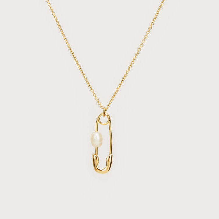 Elegant Gold Safety Pin Necklace with Pearl Accent Stella Harte