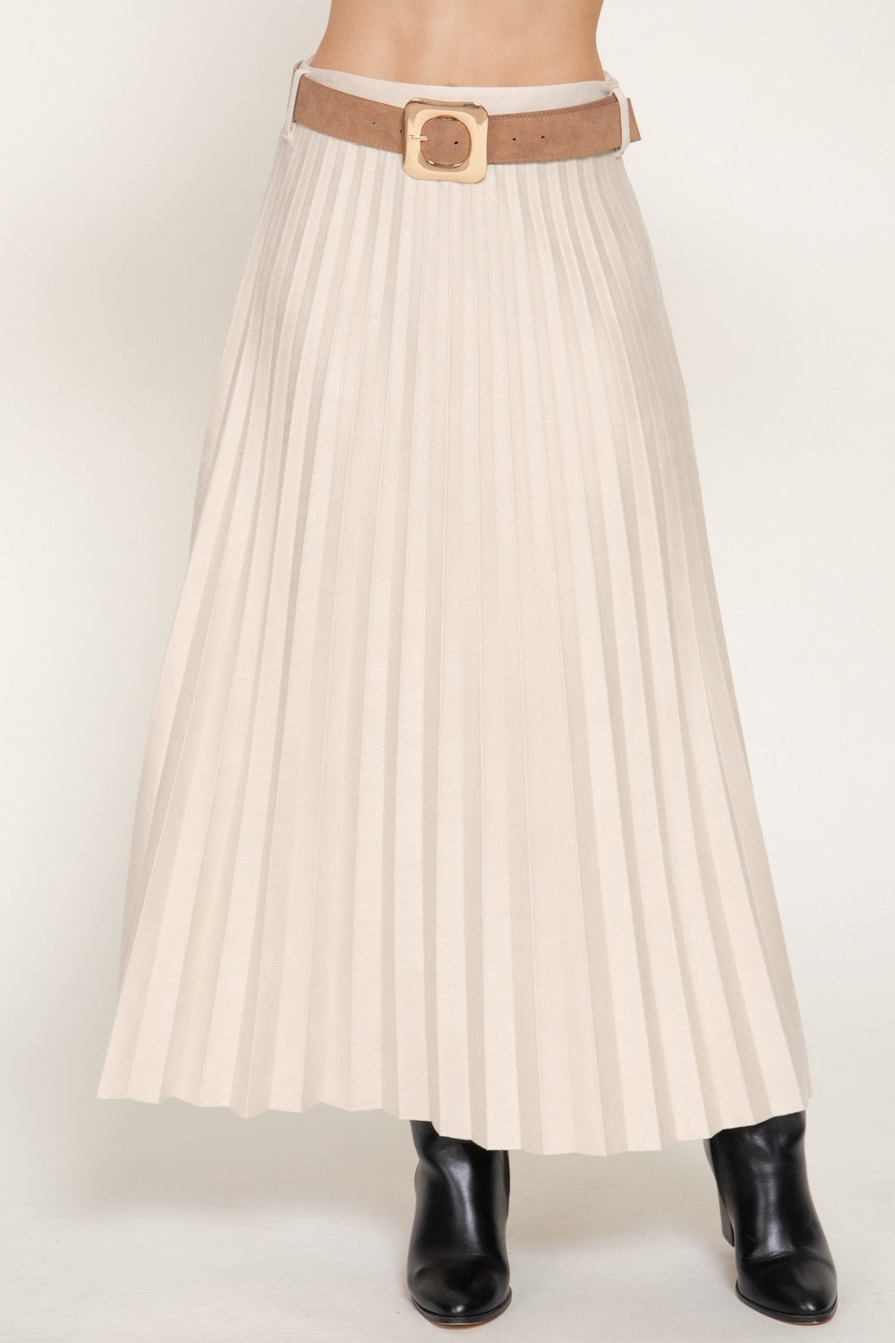 Belted Faux Suede Pleated Long Skirt