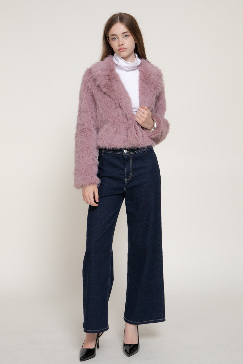 Long Slv Notched Collar Faux Fur Crop Jacket