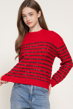 Long Slv Crew Neck Stripe Sequins Sweater