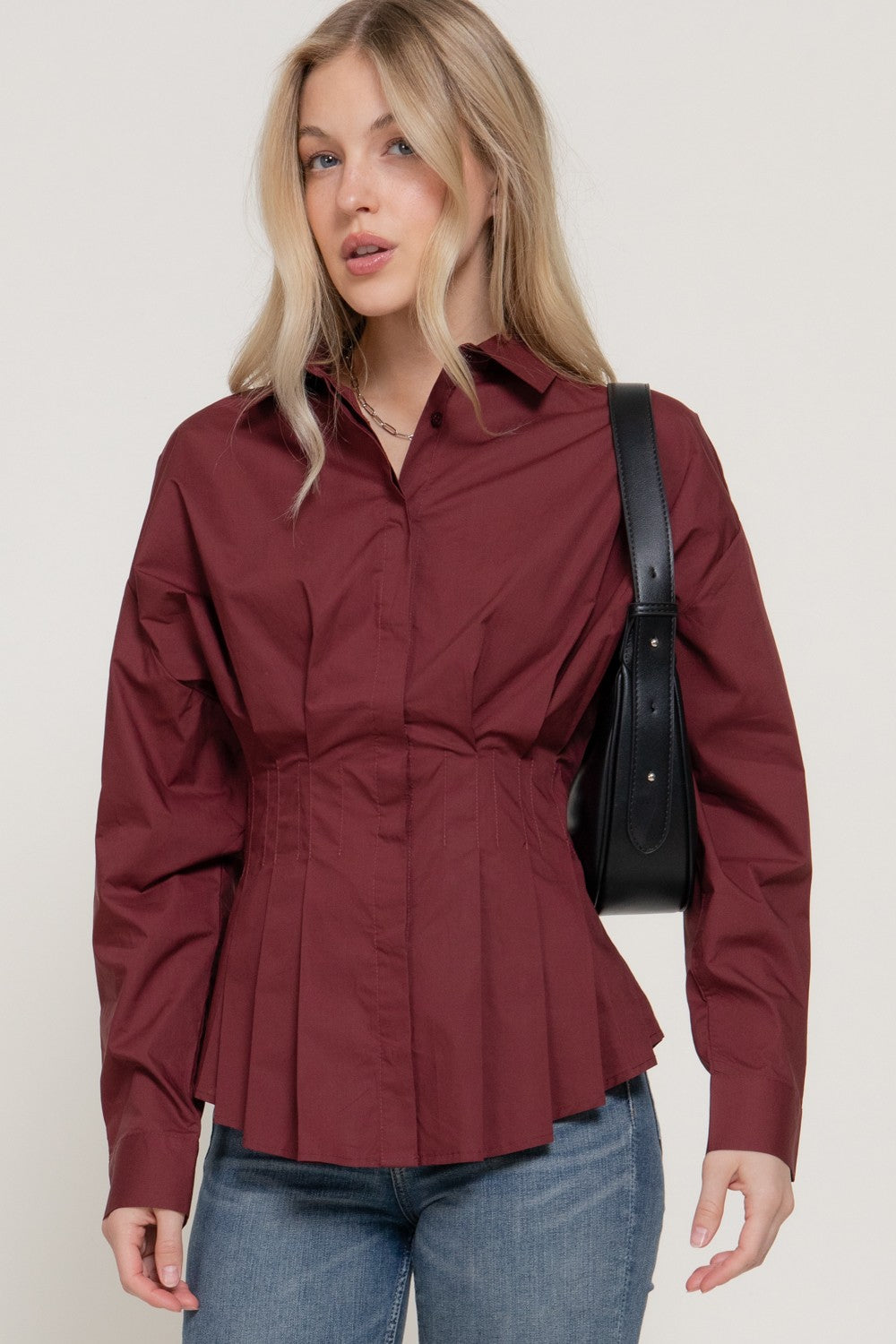 Long Slv Waist Pleated Poplin Shirt
