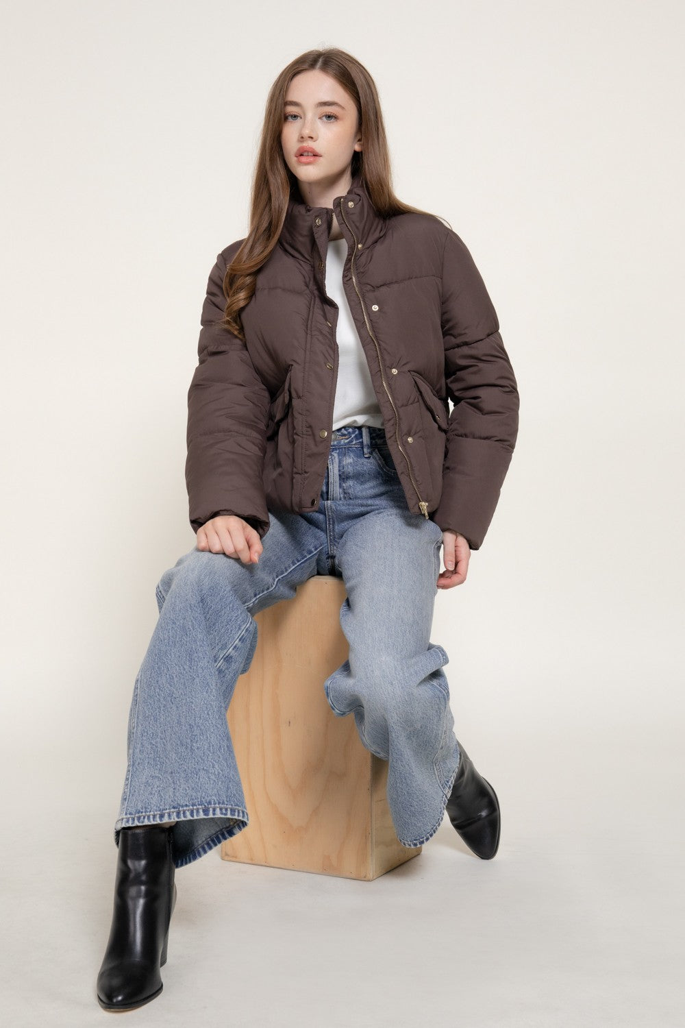High Collar Snap Button Closure Puffer Jacket