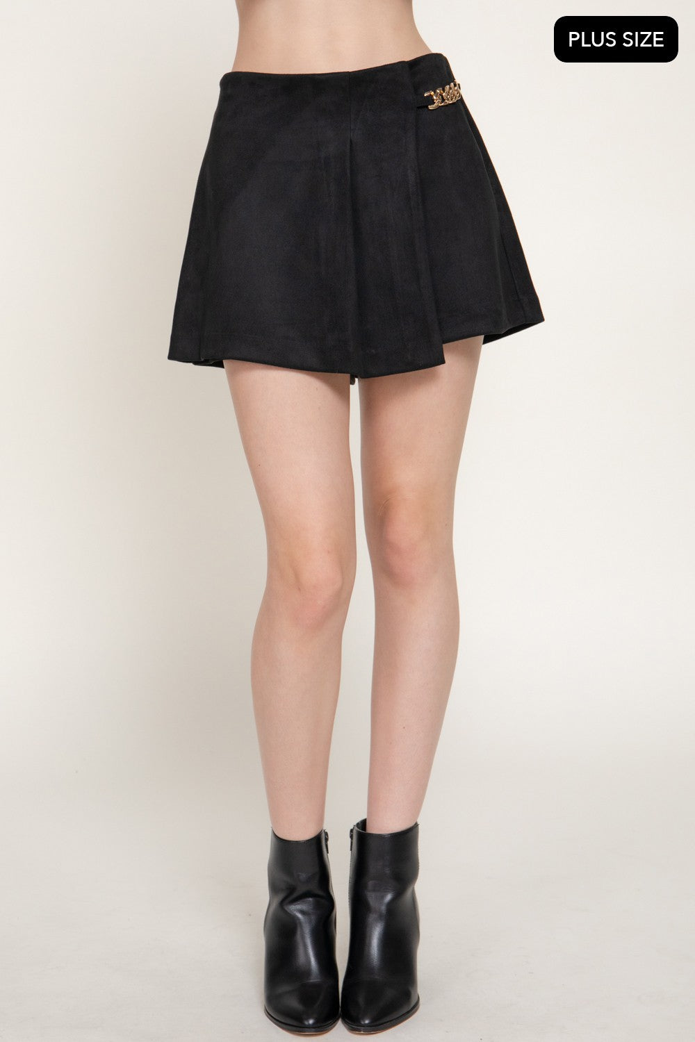 Pleated Metal Chain Faux Suede Shorts