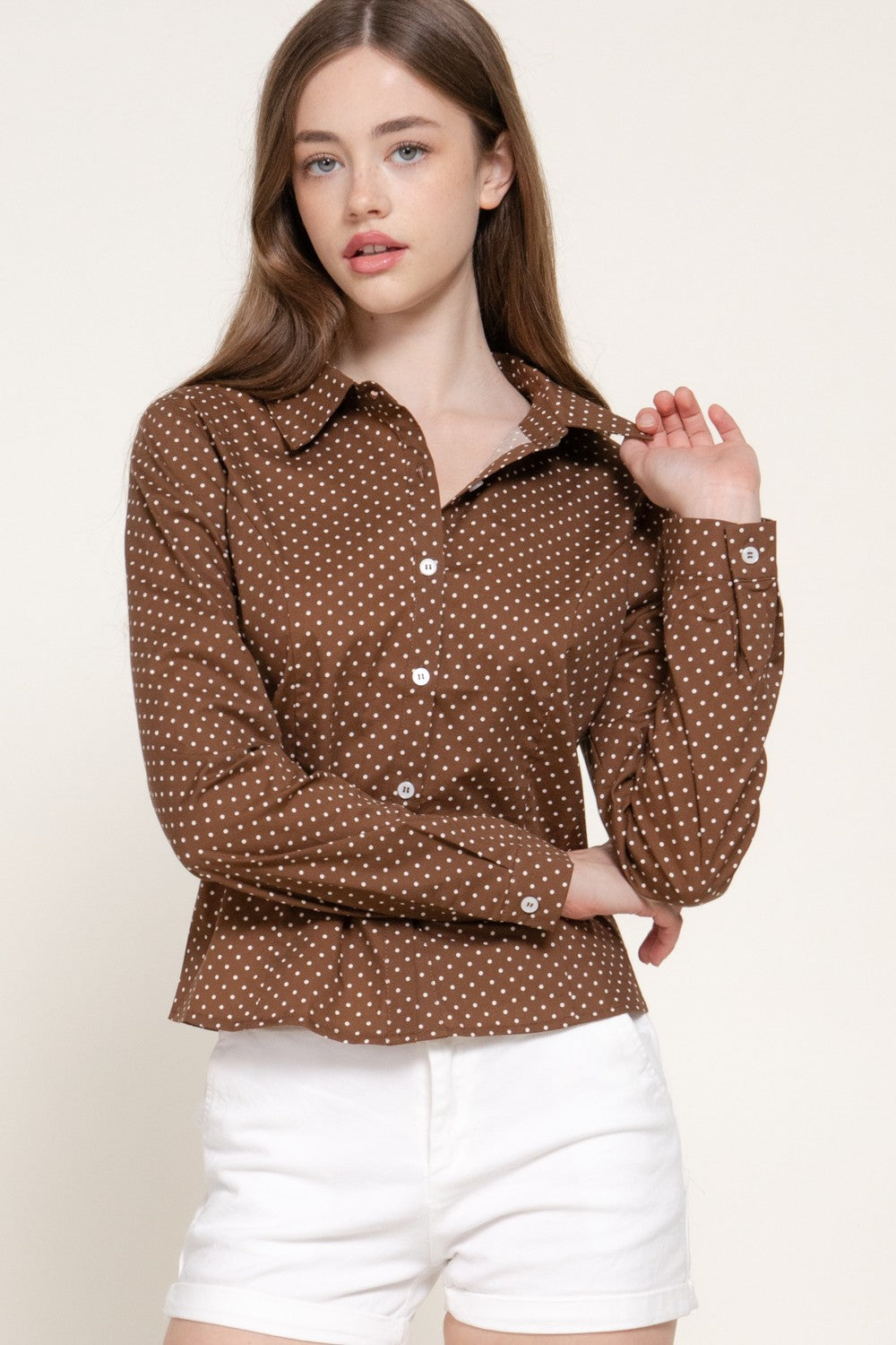 Long Sleeve Fitted Dot Poplin Shirt