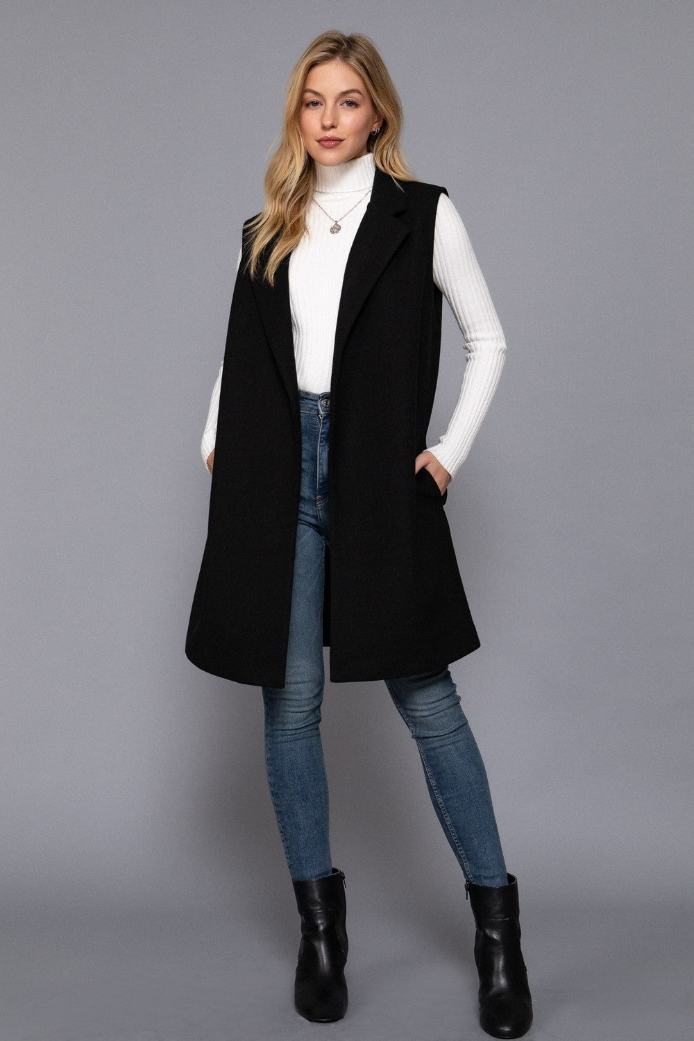 Sleeveless Notched Collar Soft Open Vest