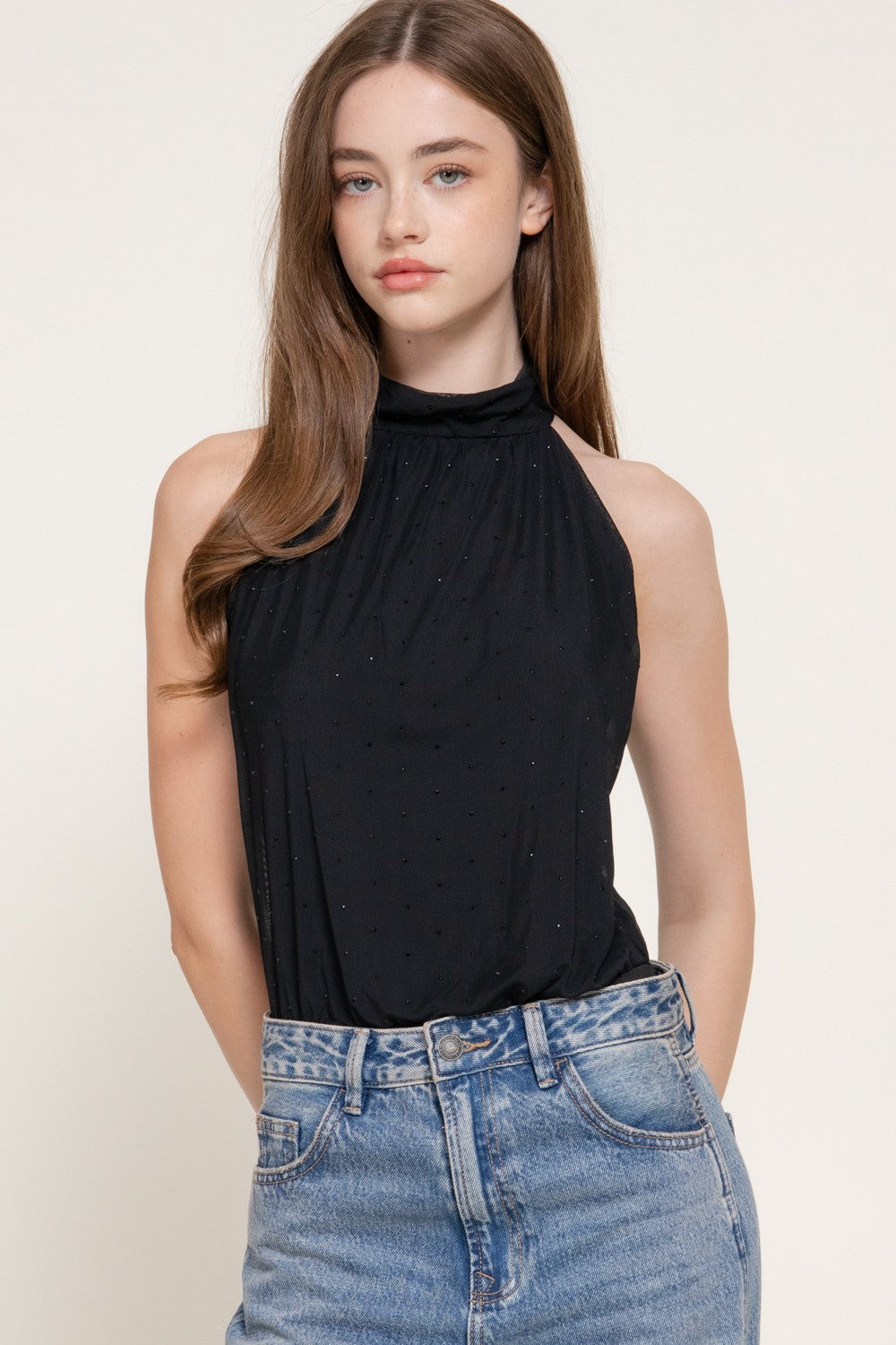 Halter Neck Rhinestones Draped Bodysuit