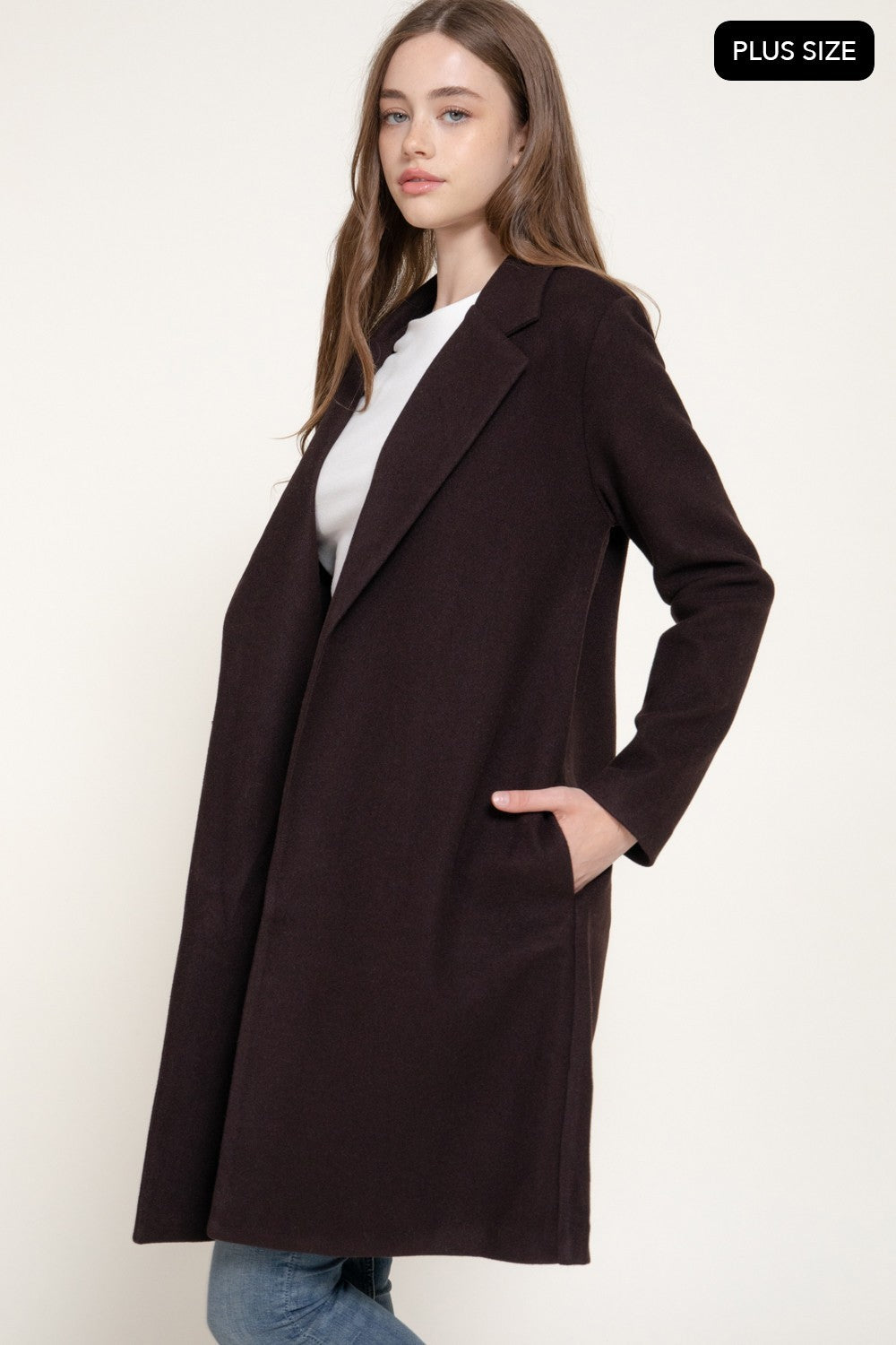 Long Slv Open Front Soft Felt Long Coat
