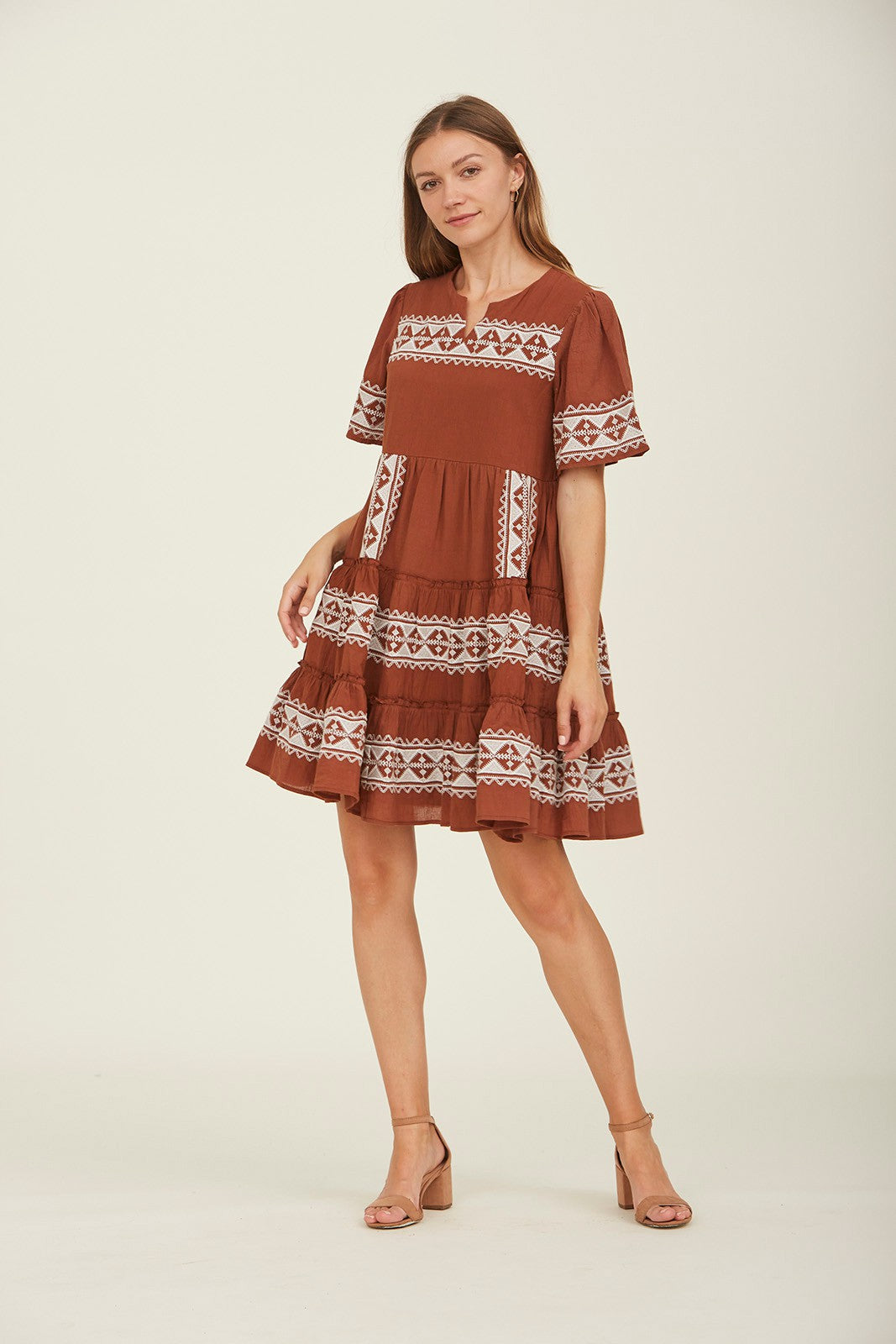 Tiered Layer Knee Length Embroidered Dress