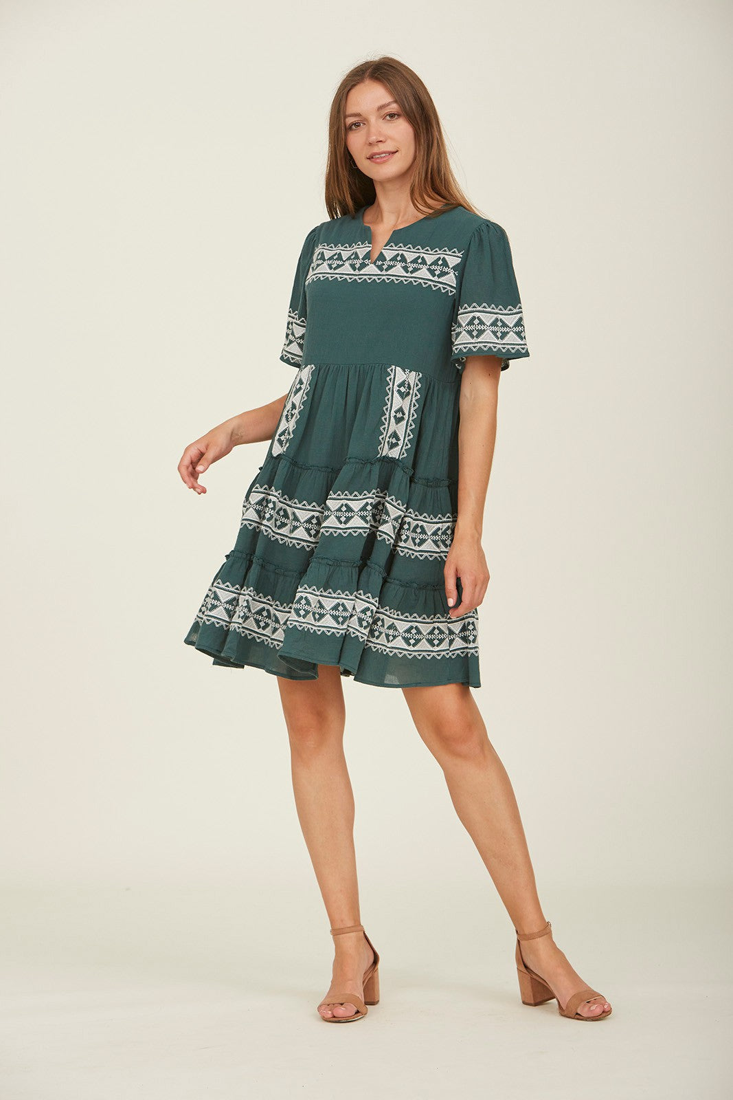 Tiered Layer Knee Length Embroidered Dress