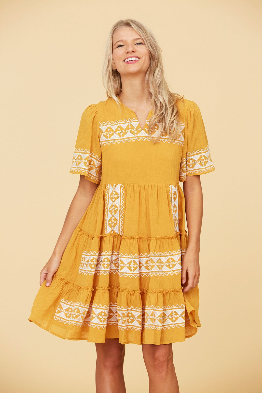 Tiered Layer Knee Length Embroidered Dress