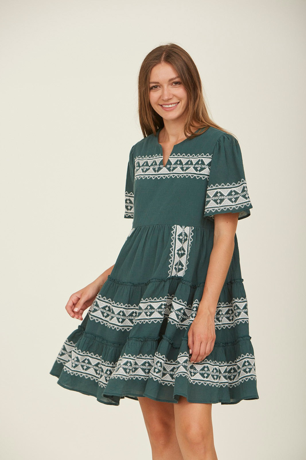 Tiered Layer Knee Length Embroidered Dress