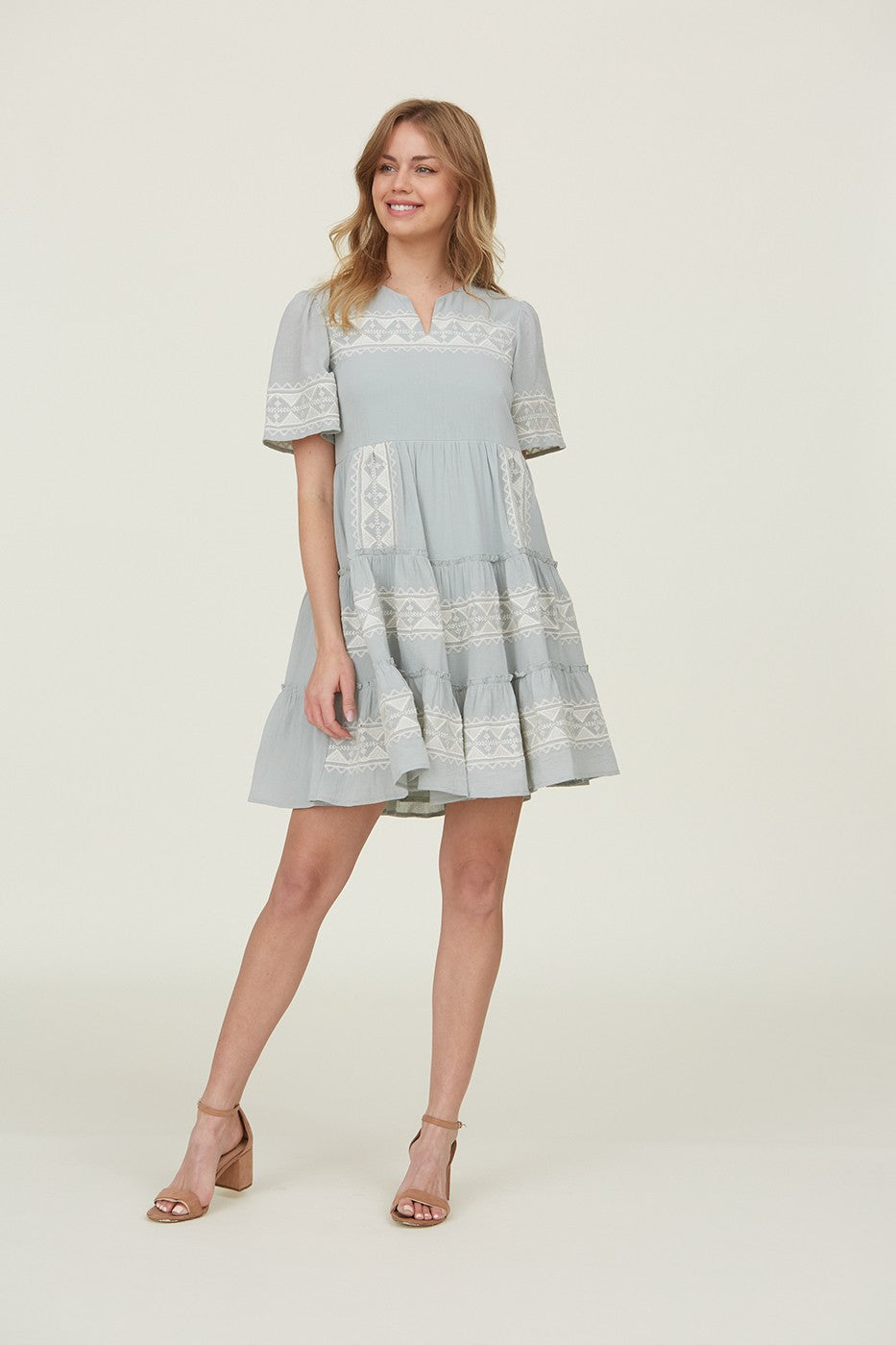 Tiered Layer Knee Length Embroidered Dress