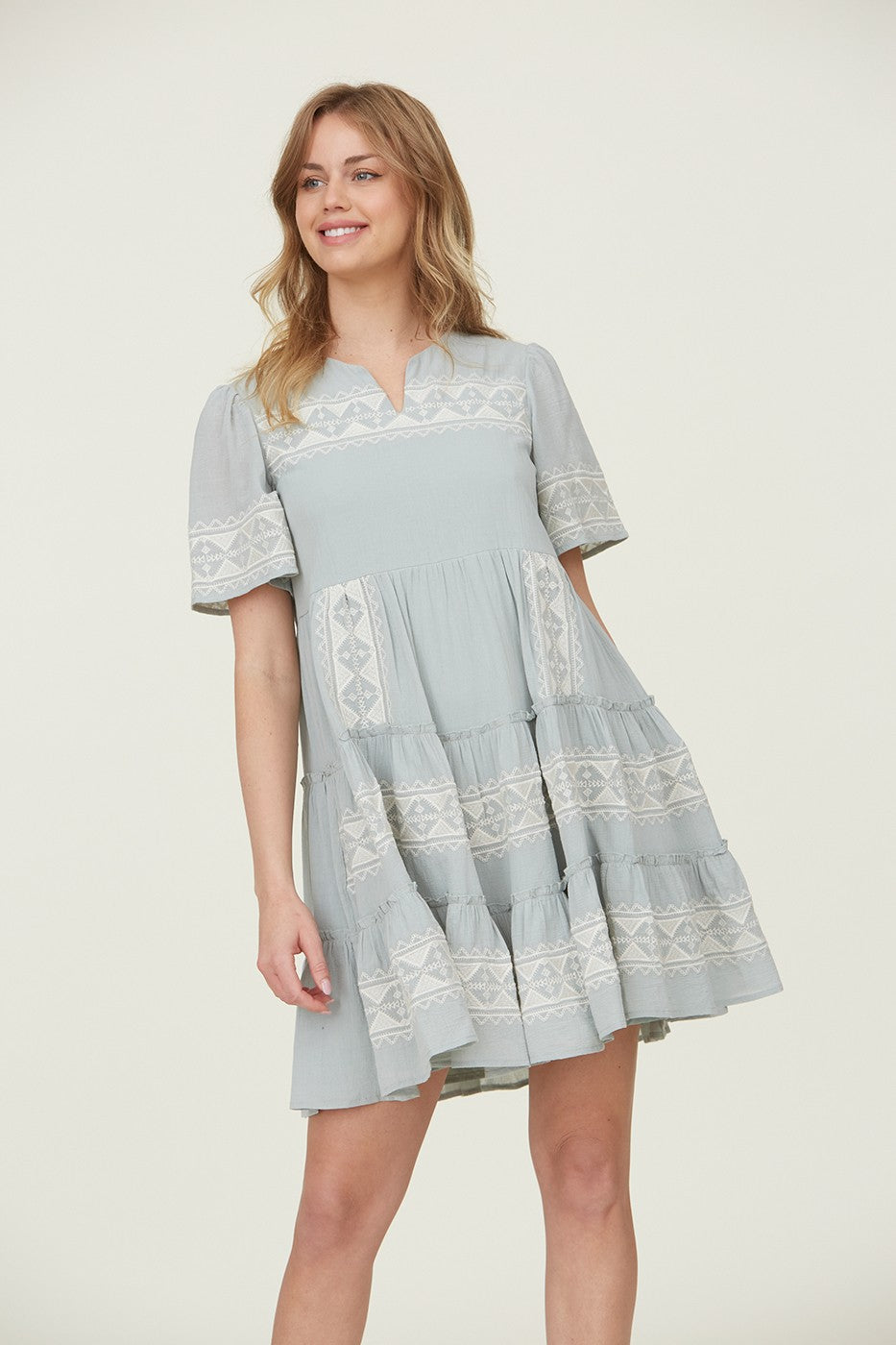 Tiered Layer Knee Length Embroidered Dress