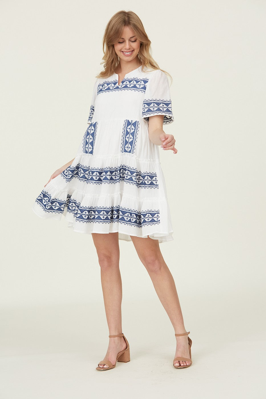 Tiered Layer Knee Length Embroidered Dress