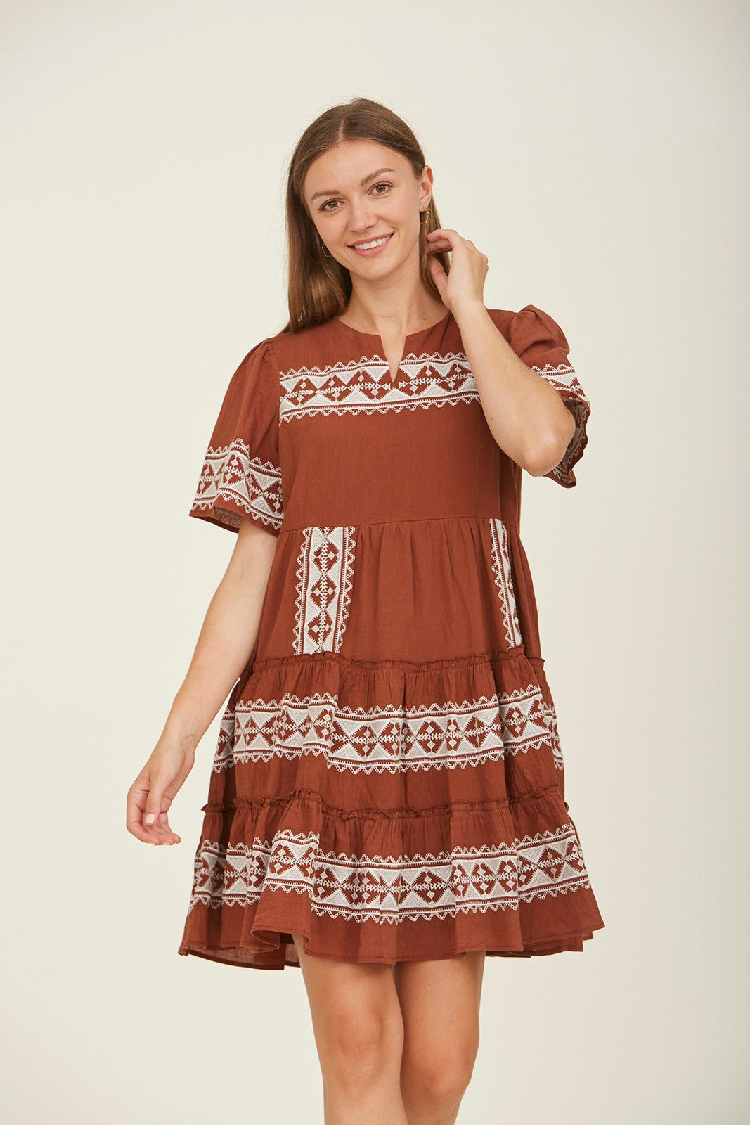 Tiered Layer Knee Length Embroidered Dress