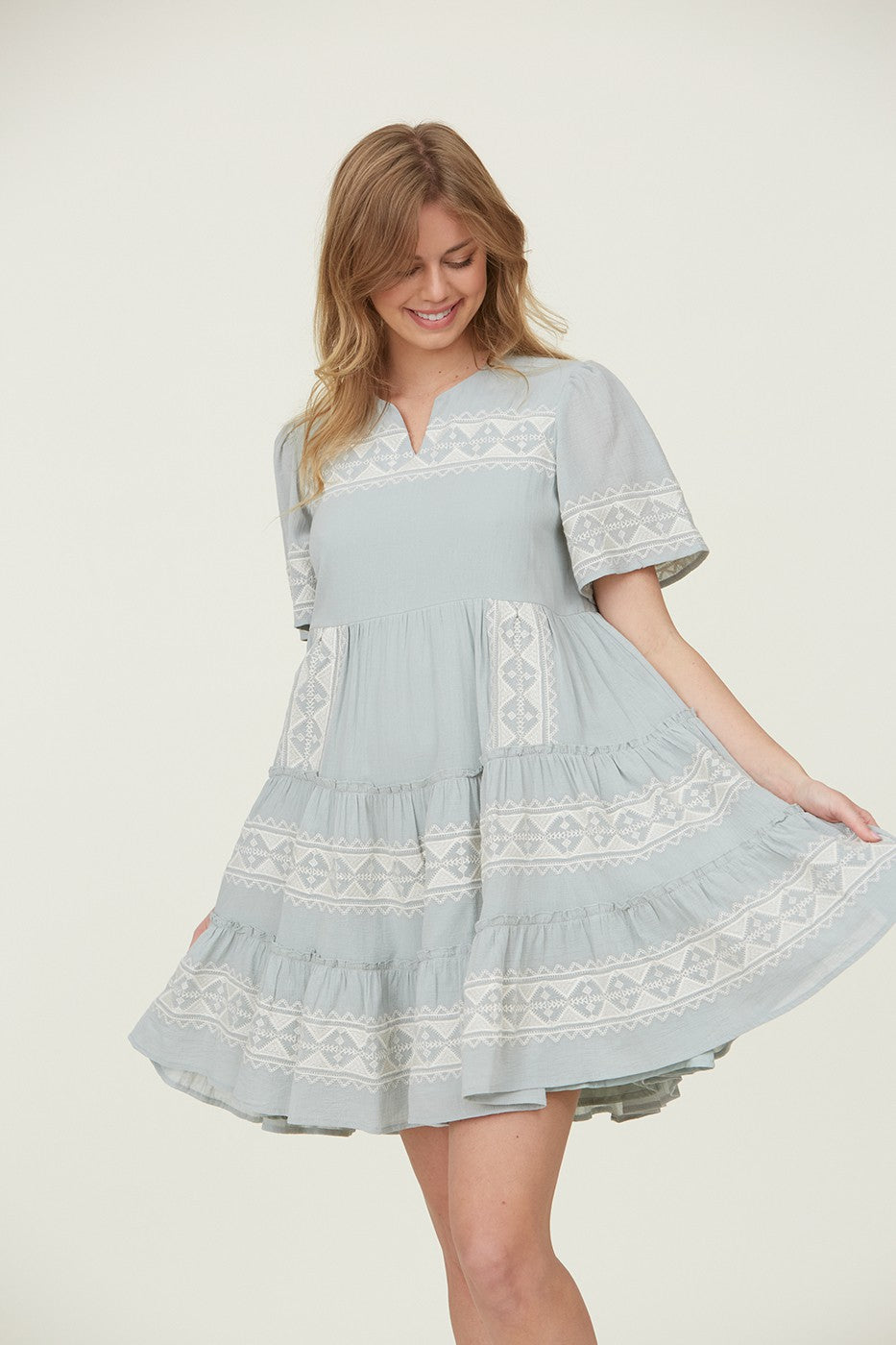 Tiered Layer Knee Length Embroidered Dress