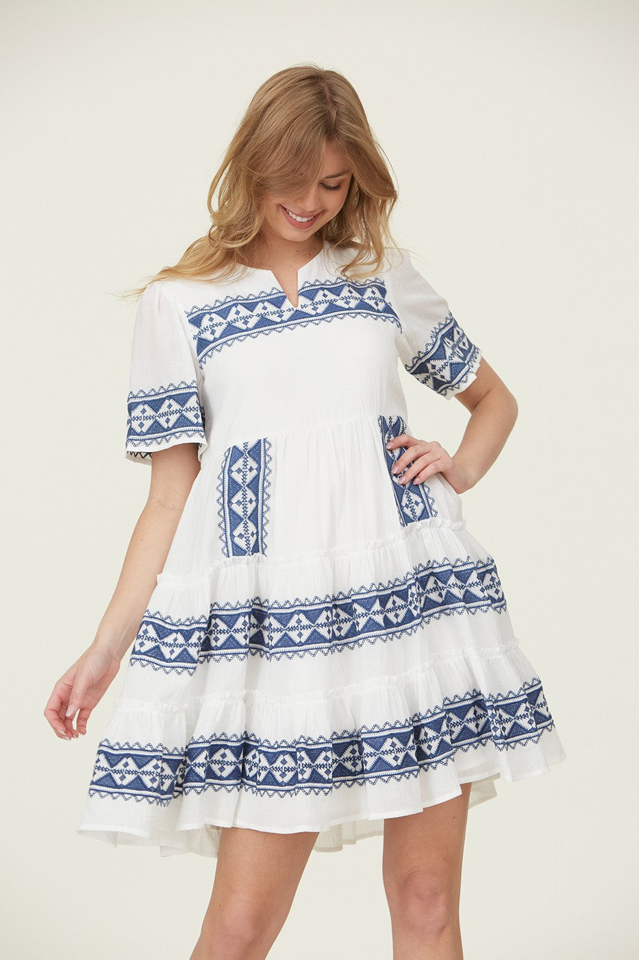 Tiered Layer Knee Length Embroidered Dress